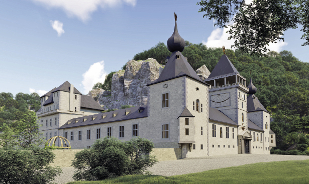 Simulations 3D Château de Mansfeld à Clausen: Bâtiment principal, Fontaine jardin, Vue du château (Illustrations © Amis du Château de Mansfeld, Becker A&U, BAI Lheureux Liège) BECKER ARCHITECTURE & URBANISME S.à R.L.