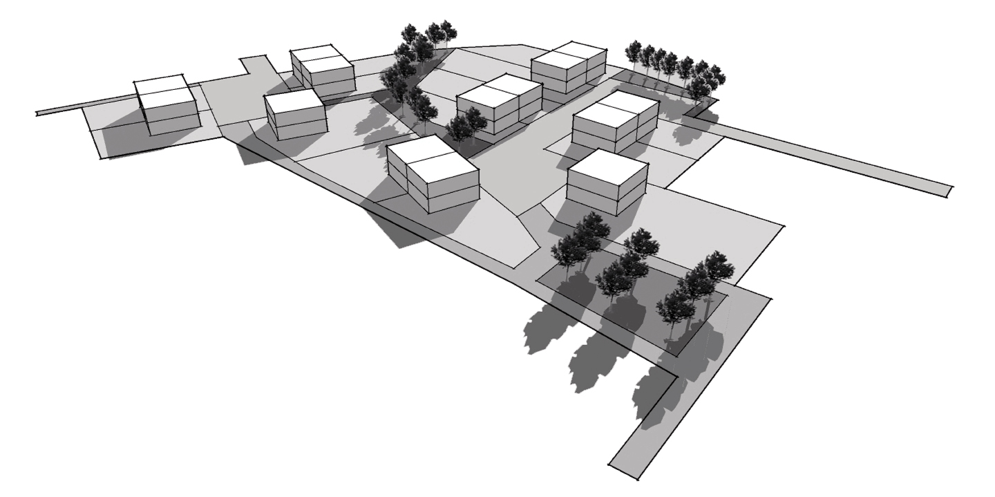 Vue 3D illustrant un exemple d’implantation du bâti sous forme de cour ECAU S.à R.L.