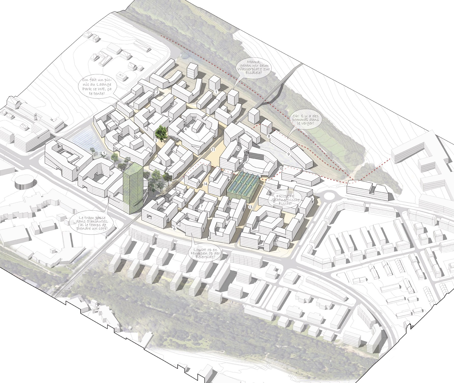 Concept urbanistique intégré Site «Laangfur» au plateau de Kirchberg en collaboration avec ballinipitt BUREAU D’ARCHITECTURE WEB S.à R.L.